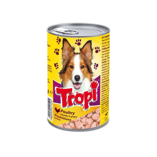 Tropi konservs ar mājputnu gaļas gabaliņiem suņiem 1250g | STOCK